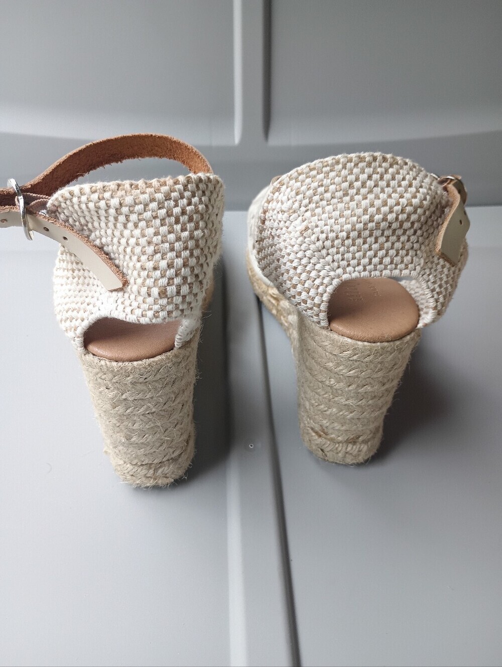 Cream-colored Maypol Beige Eyelet Canvas Espadrille Wedge Sandals Made in Spain - Picture 11 of 16